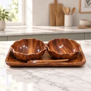 Vintage Monkey Pot Wooden Serving Bowls With Spoons Tray Set Scalloped-Edge